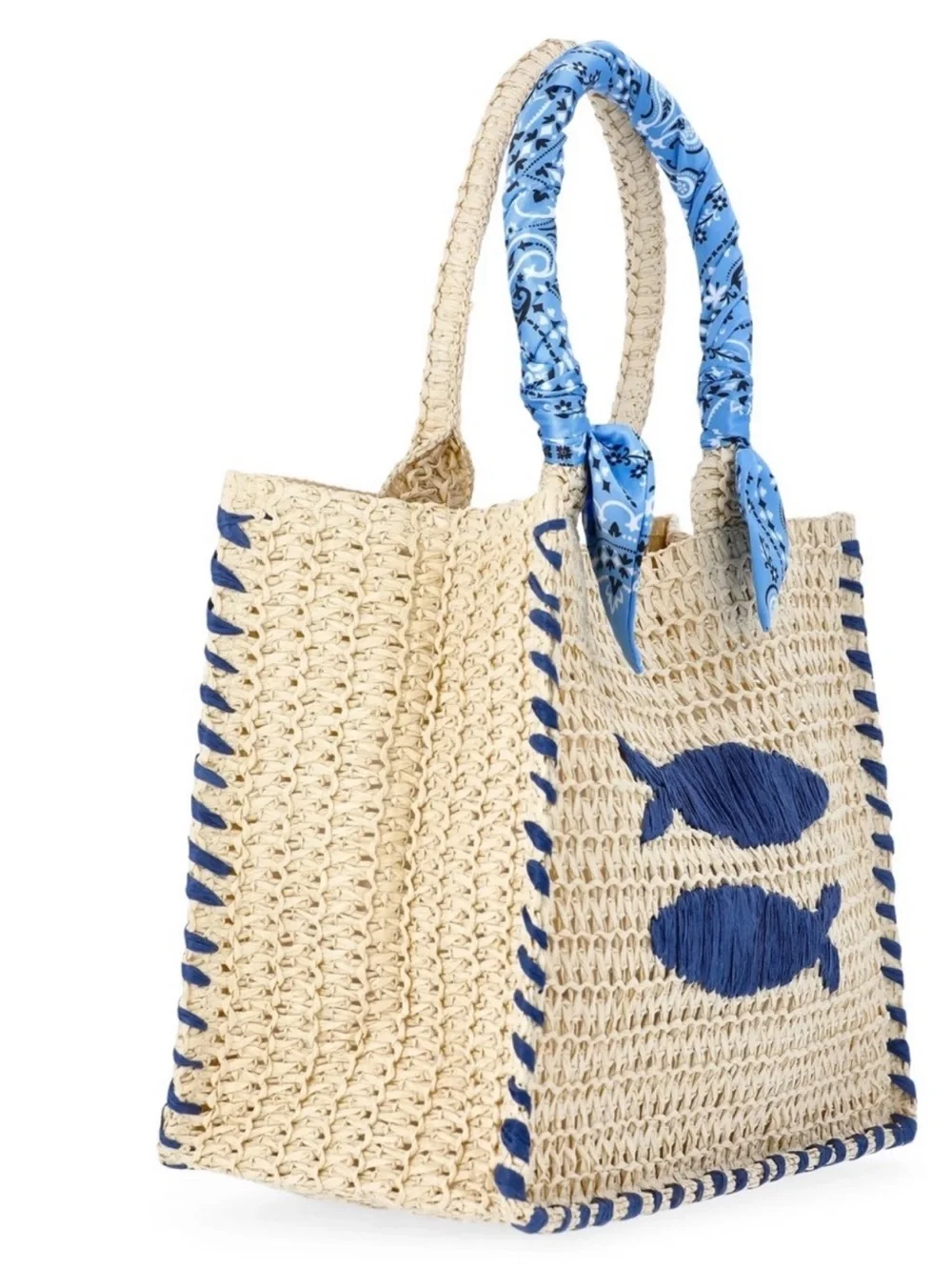 No Boundaries Natural Mini Straw Tote Bag with Blue Fish Motif - Picture 4 of 5